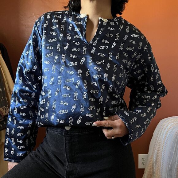 quilted fish print long sleeve blouse blue and white small medium Undercover - Picture 8 of 10